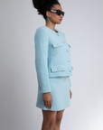 Mabel Tweed Jacket in Powder Blue, styled on model
