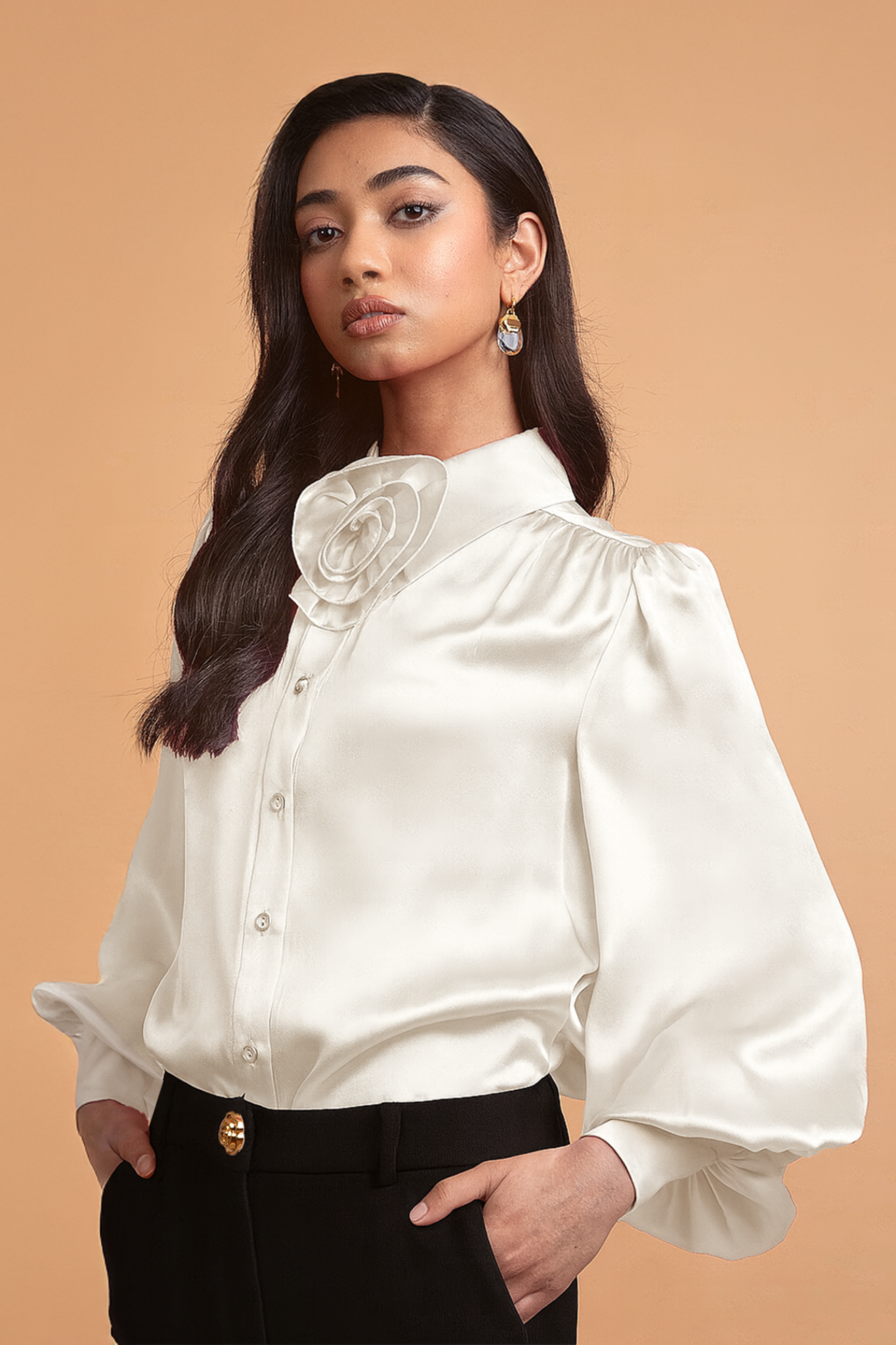 moonstone rosette blouse pearl white silk ledore studios