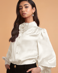 moonstone rosette blouse pearl white silk ledore studios