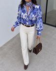 Maggie Silk Blouse in Blue Floral, back view