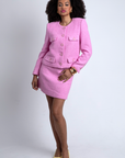 Mabel Tweed Suit in Bonbon Pink, styled on model