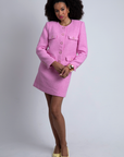 Mabel Tweed Suit in Bonbon Pink, styled on model