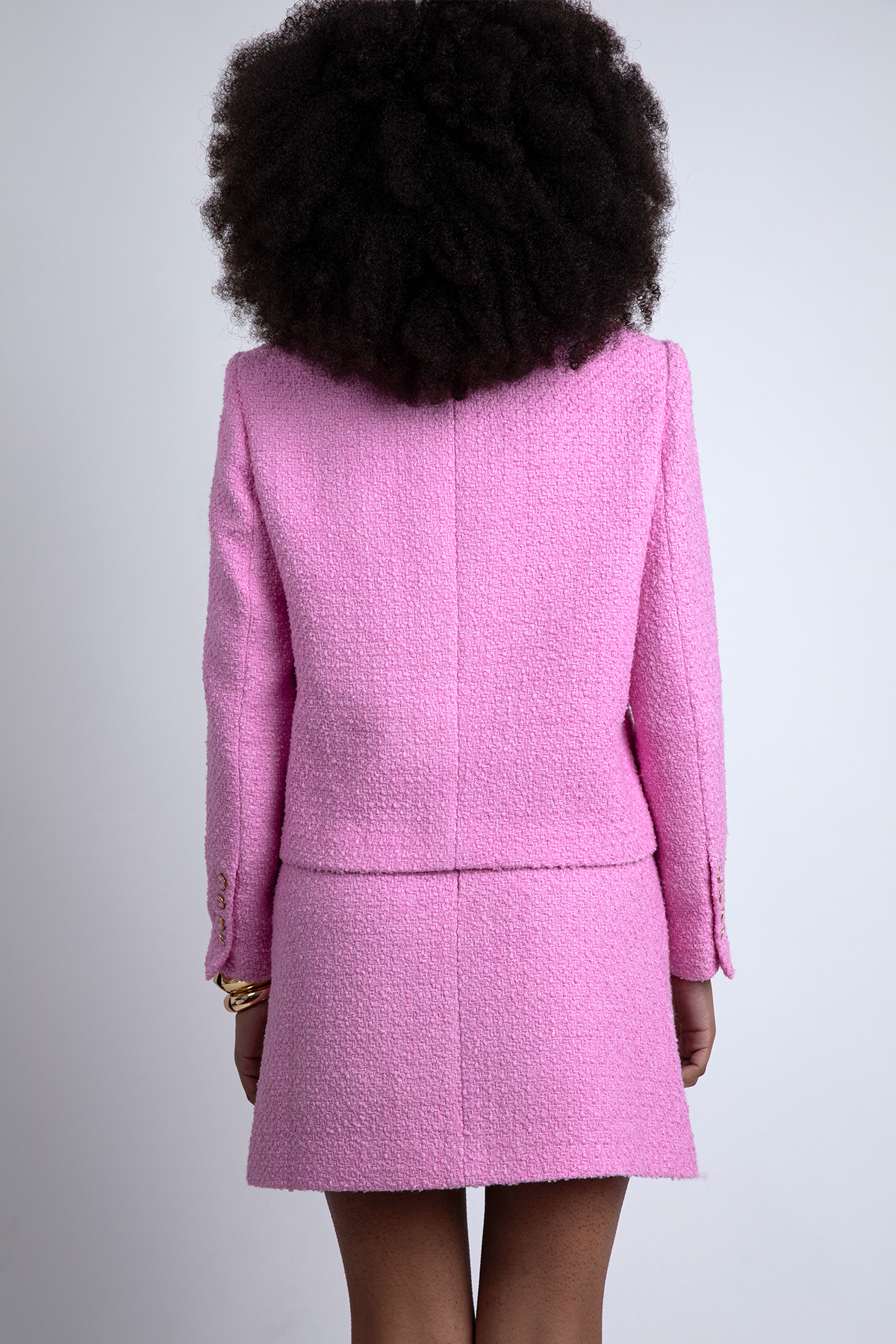 Mabel Tweed Suit in Bonbon Pink, styled on model