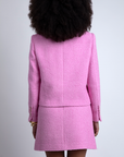 Mabel Tweed Suit in Bonbon Pink, styled on model