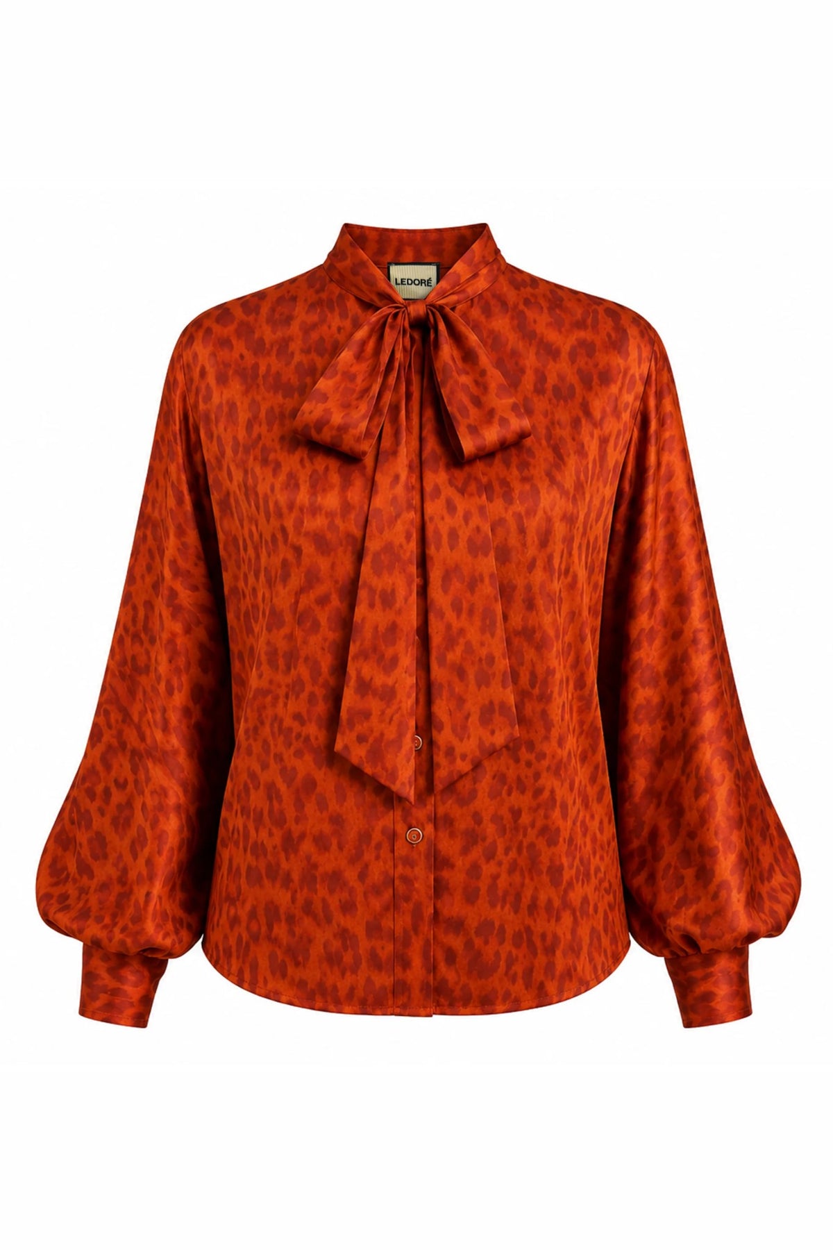 Anjelica Silk Bow Blouse in Rust Leopard, front view