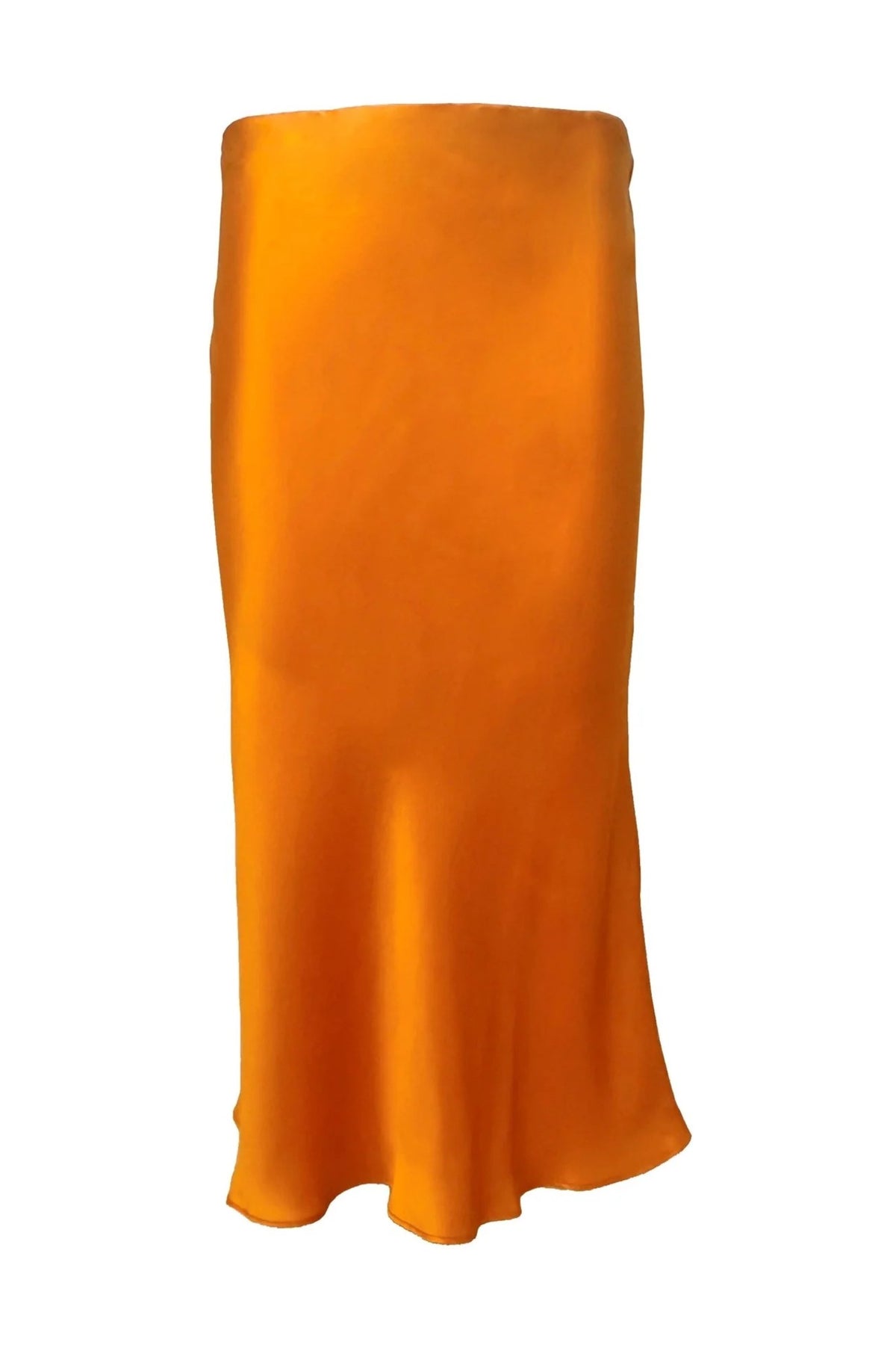 Bias Cut Silk Midi Skirt in Papaya, front view