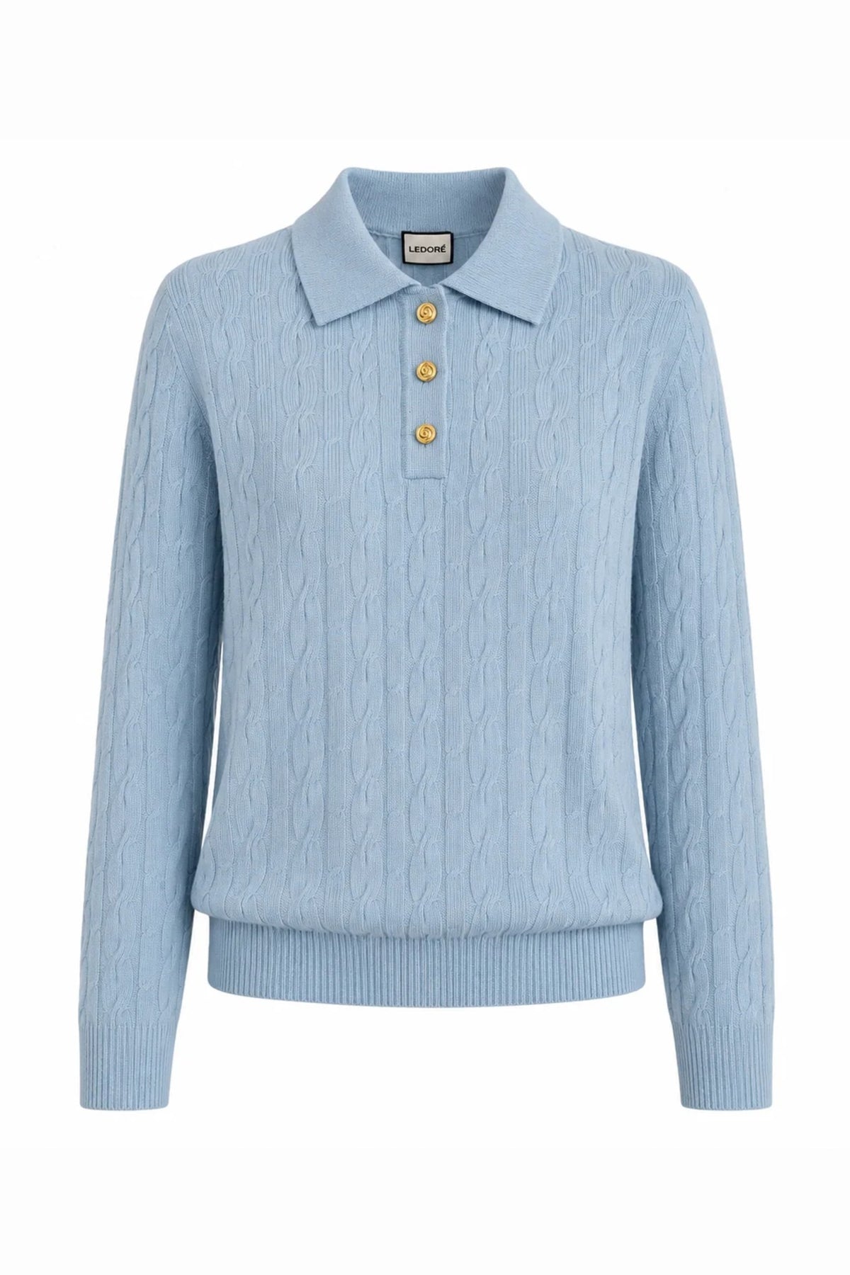 Camille Cashmere Polo Sweater in Powder Blue, front view