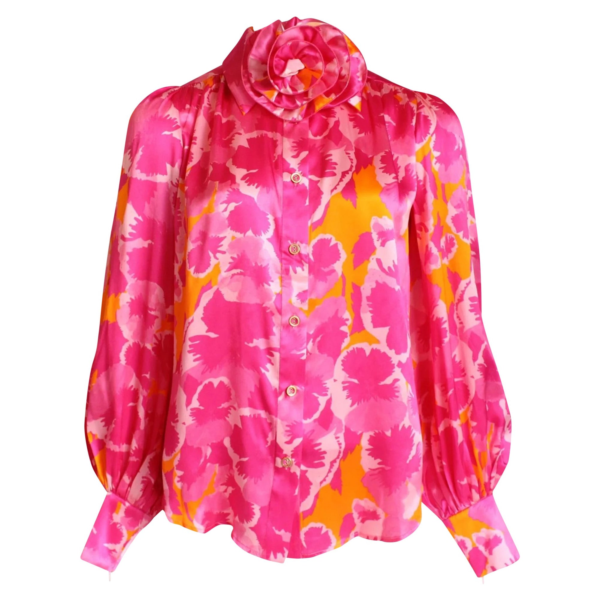 LeDoré Rosette Blouse - Viola Floral Hot Pink/Orange Silk - Sweepstake Winners™