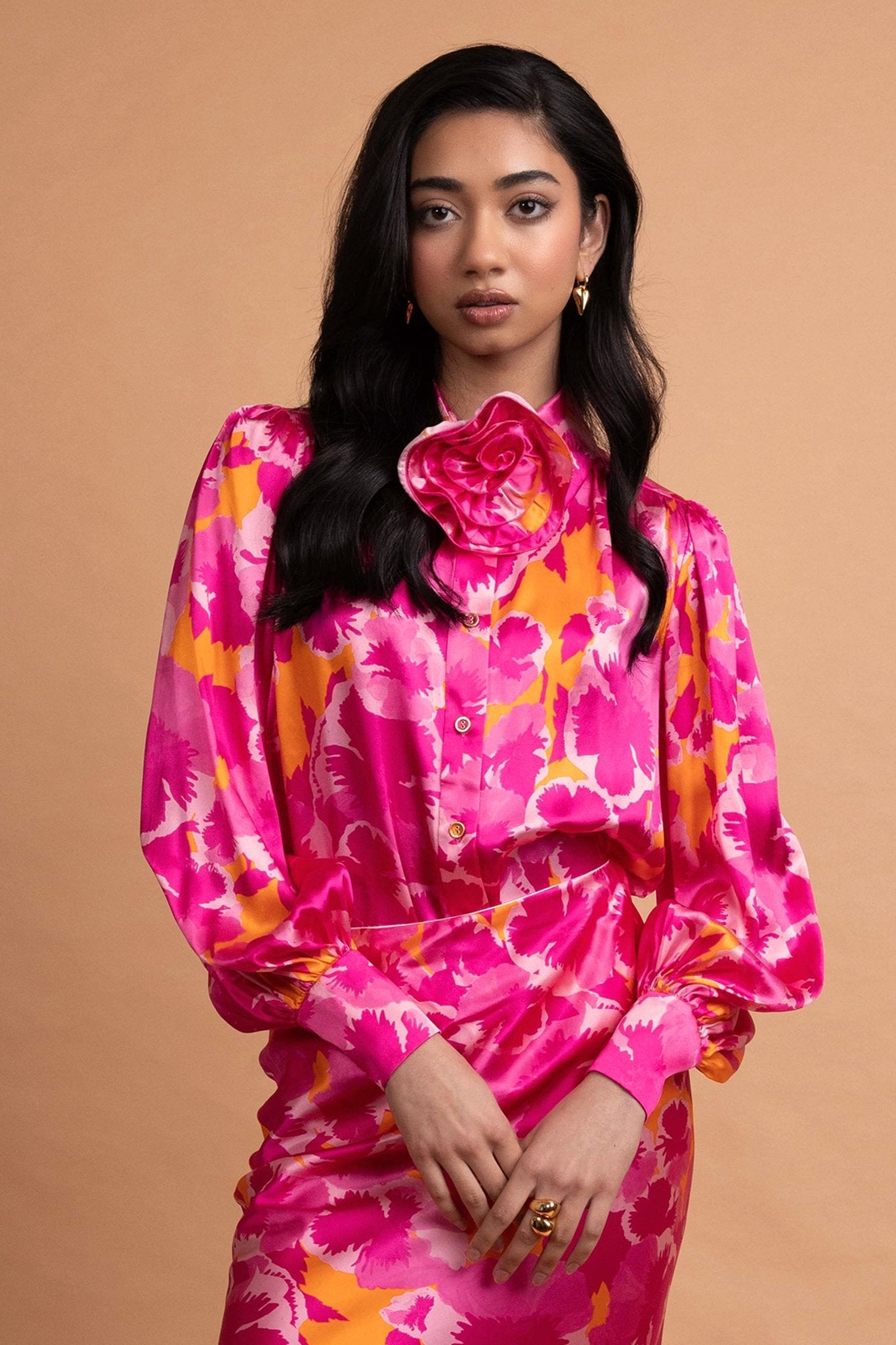 LeDoré Rosette Blouse - Viola Floral Hot Pink/Orange Silk - Sweepstake Winners™