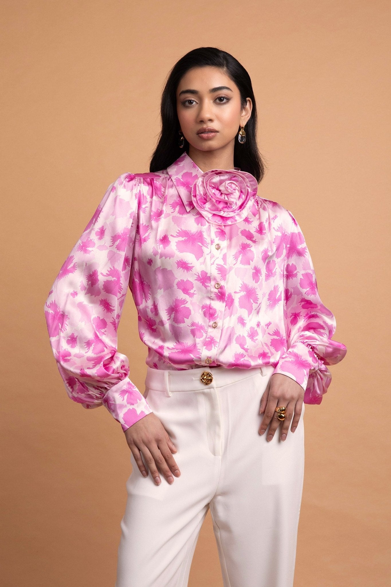 LeDoré Rosette Blouse - Viola Floral Pastel Pink Silk - Sweepstake Winners™