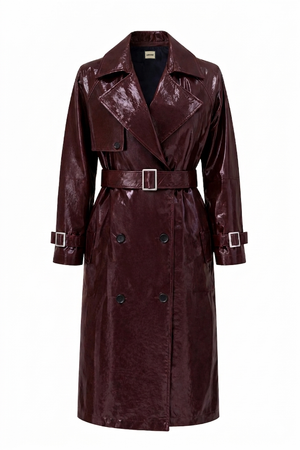 Lennox Patent Leather Trench Coat in Garnet, front view