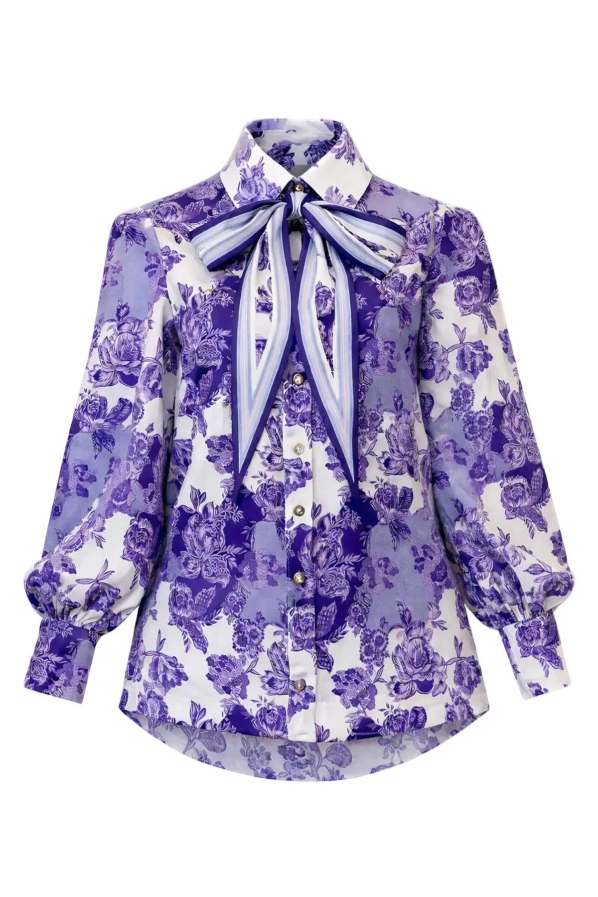 Maggie Tie Silk Blouse in Blue Daydream Floral, front view