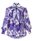 Maggie Tie Silk Blouse in Blue Daydream Floral, front view