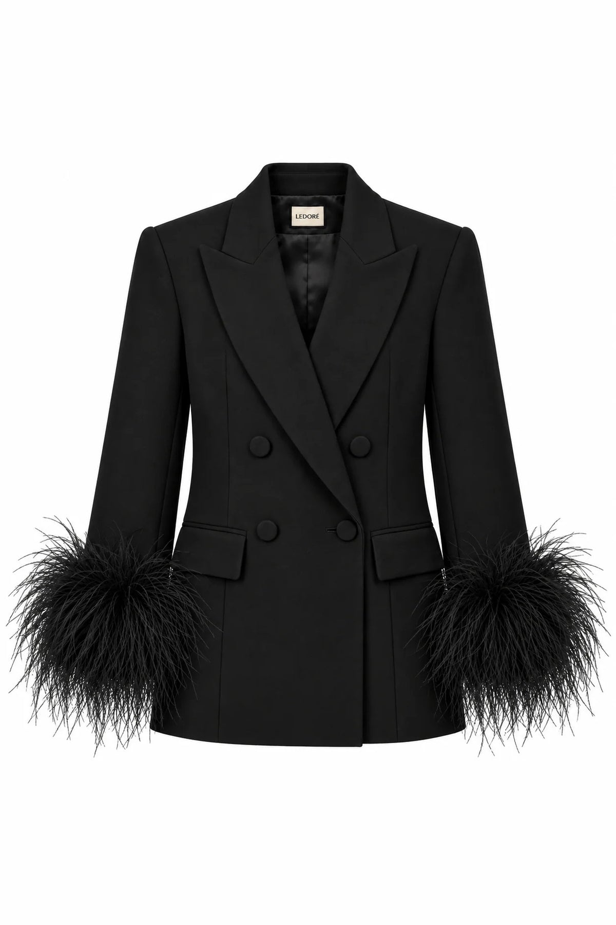 Marlene Feather-Cuff Blazer in Obsidian, front view