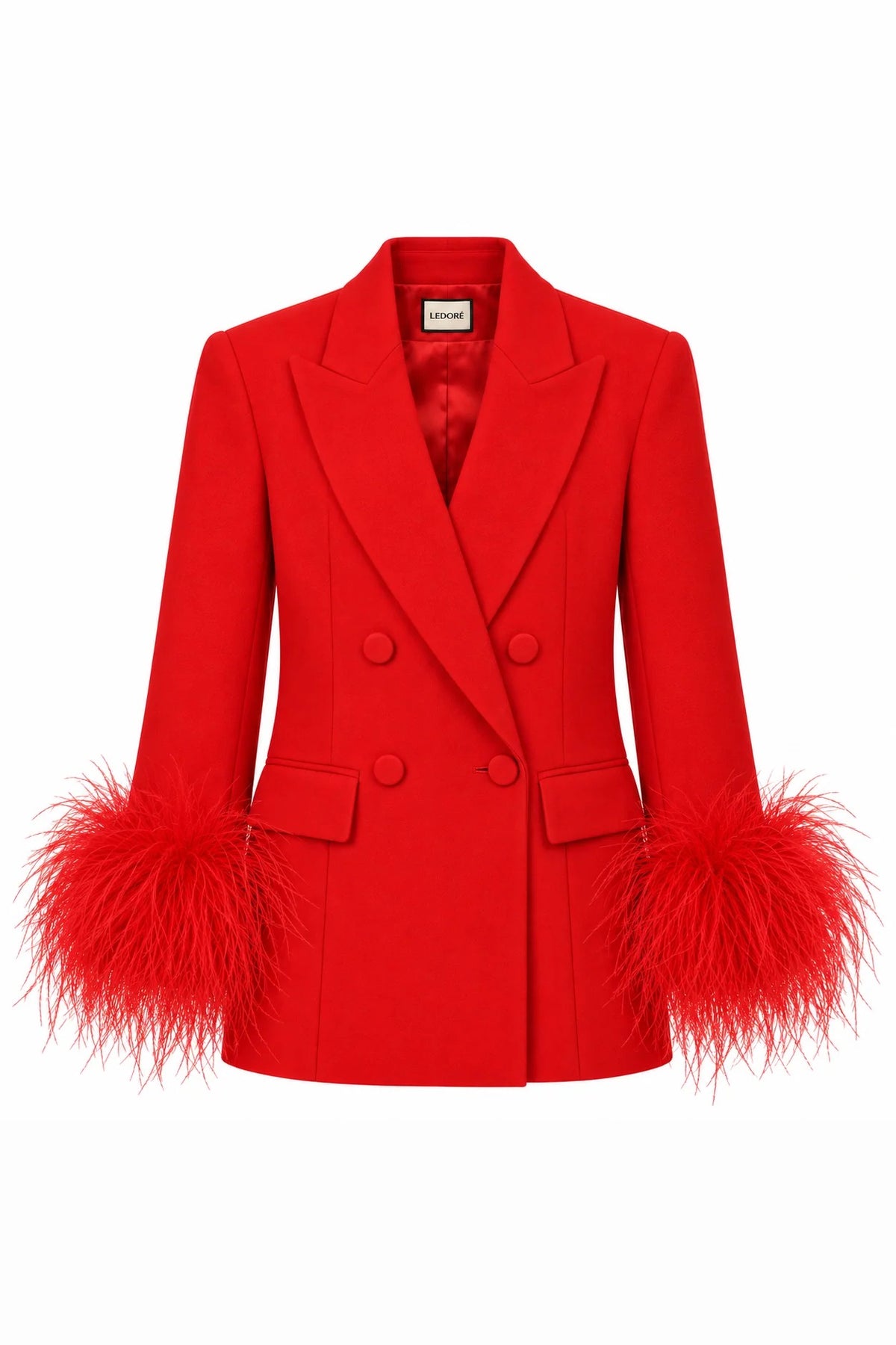 Marlene Feather-Cuff Blazer in Vermillion, front view