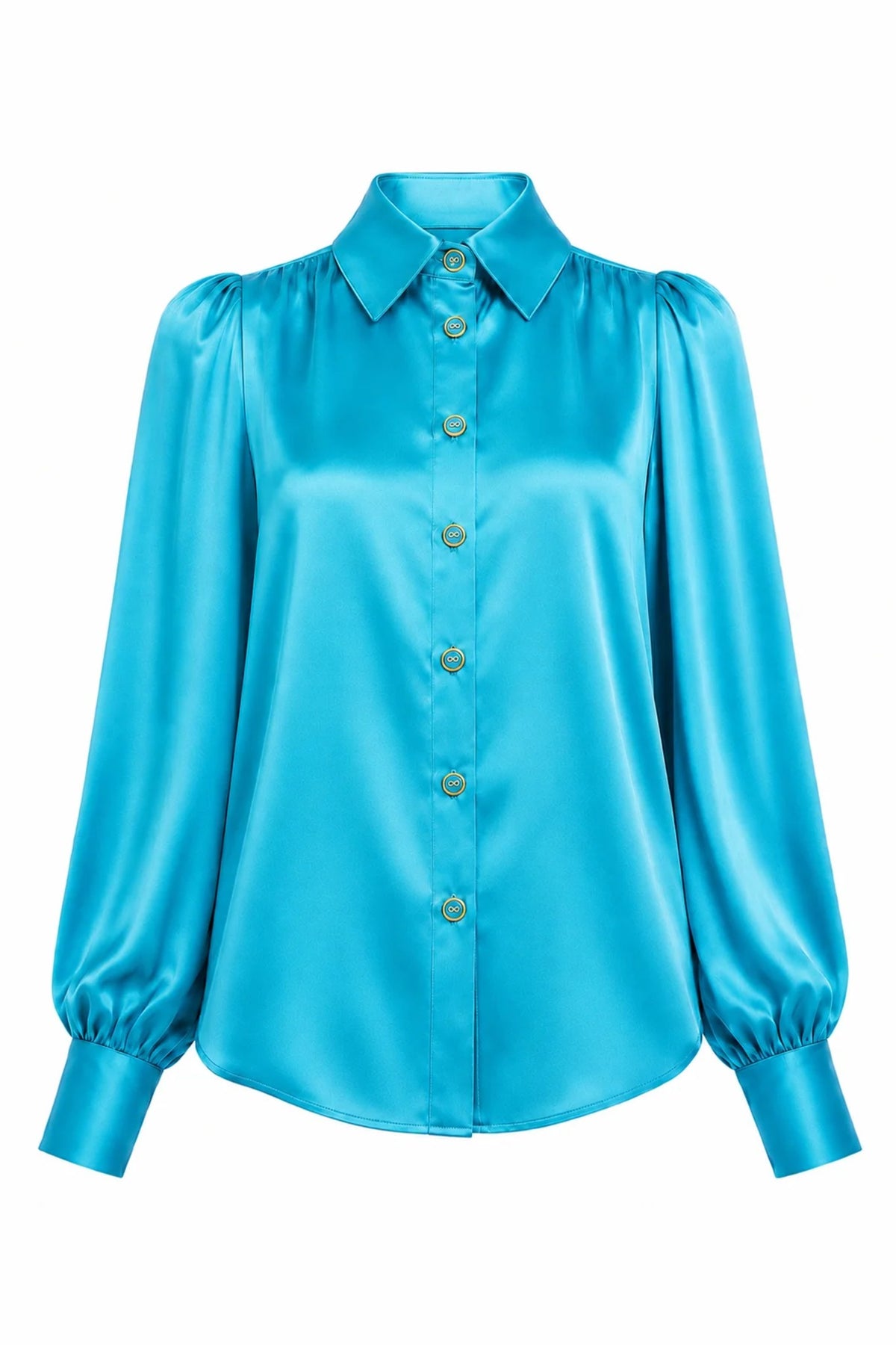 Rosette Silk Blouse in Turquoise, front view