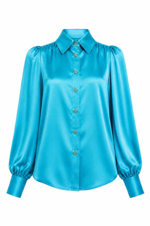Rosette Silk Blouse in Turquoise, front view