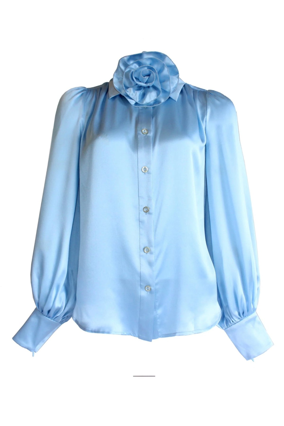 Rosette Silk Blouse in Powder Blue, front view